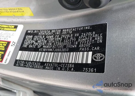 2018 Toyota Camry Se z USA, uszkodzony, nr VIN 4T1B11HK7JU663850